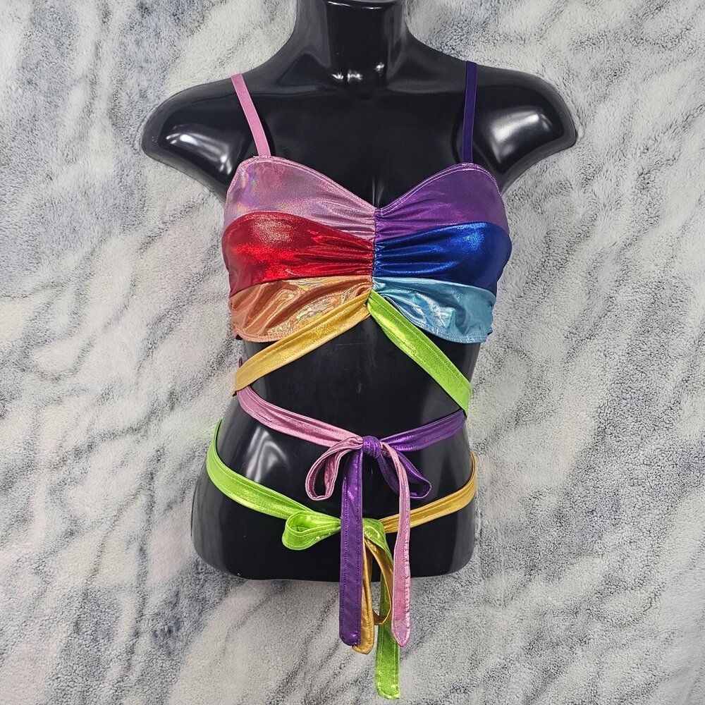 Dolls Kill Club Exx Large Rainbow Shimmery Metallic Colorblock Wrap Top